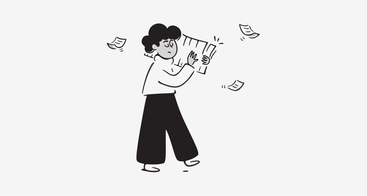 Frustrated student juggling papers