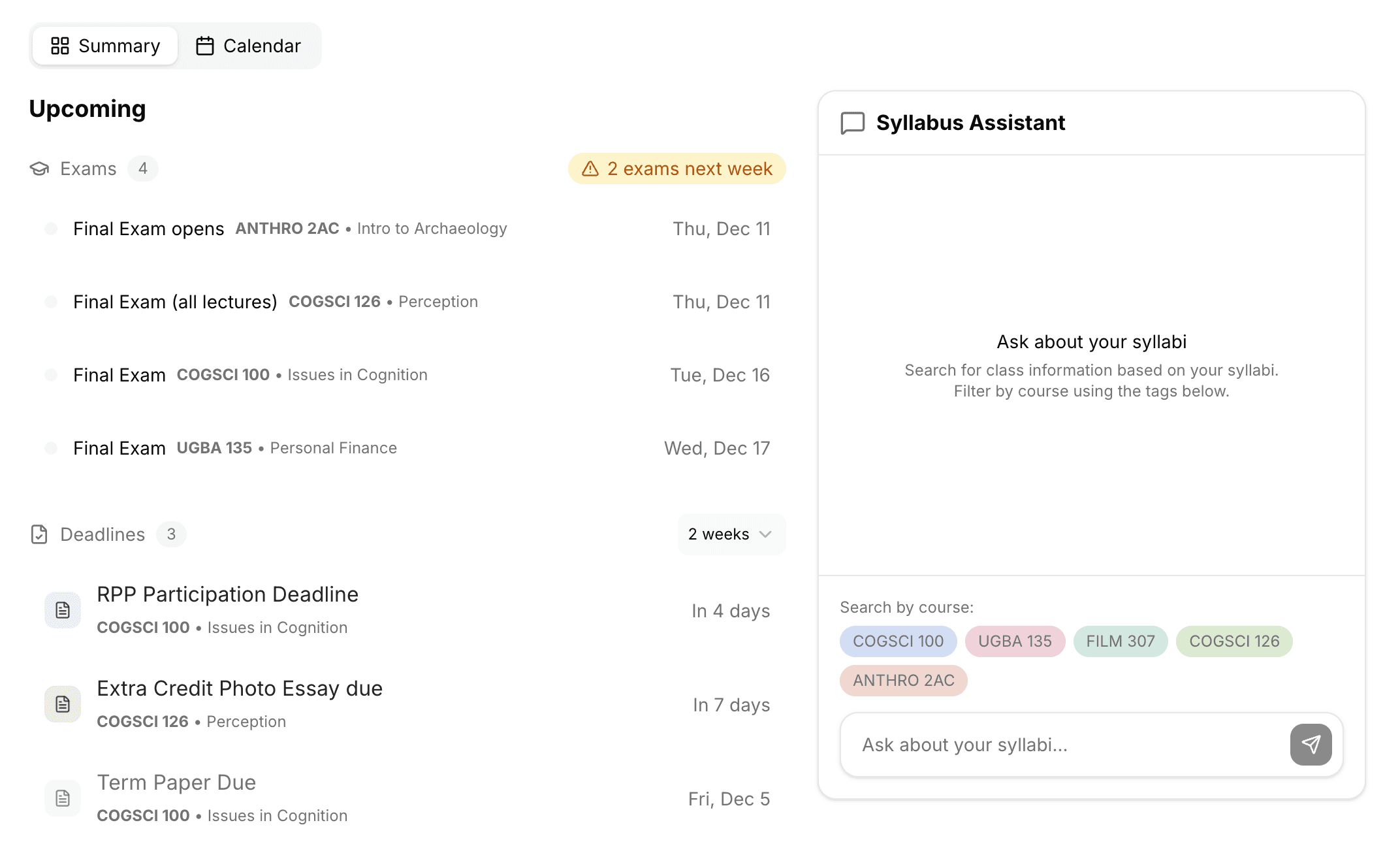 V2 Summary tab with Upcoming events and Syllabus Assistant